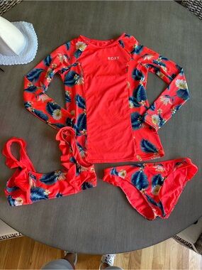 Roxy Girls' neon orange Floral Long Sleeve Rash Guard Bikini Set EUC